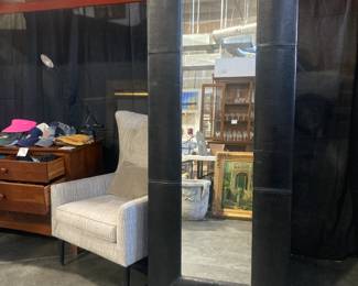 Large leather framed mirror, Wing chair