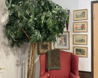 Artificial tree, Wing chair and ottoman, art work