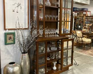Wood Display Cabinet, silver flower pots, Waterford crystal