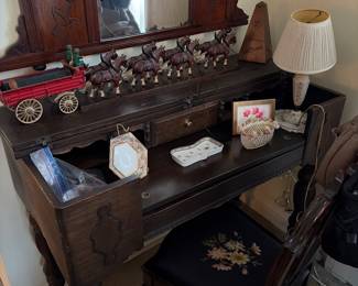 Antique secretary, writing table with needlepoint chair