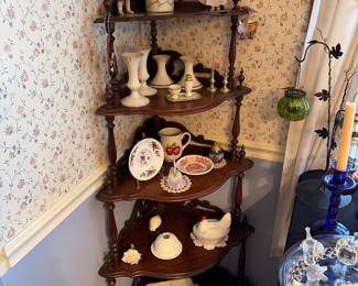 Vintage wooden corner shelf with decorative spindles