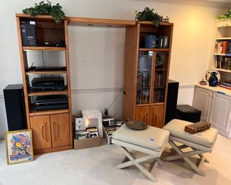 Media cabinet, upholstered stools, misc decor , Harmony remotes, Sony bluray, Sony receiver, Toshiba dvd/vcr, Optimus power center, Boston speakers 