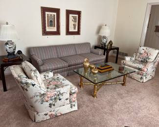 Brass and glass coffee table, Chippendale style end tables, pair of chairs, lamps, misc 