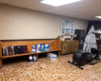 Church pew, elliptical machine, yearbooks, misc