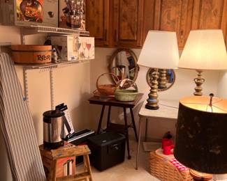 Pair of 1940’s brass lamps, wooden lamp, mirrors, painted ladder, lock box, misc 