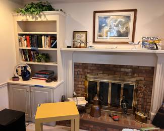 Fireplace tools, accessories, MCM table, aviation memorabilia, misc 