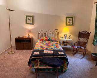 Twin bed, quilt from Freedman quilting bee Alberta, AL, floor lamp, wicker rocker, lamps, misc