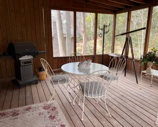 Patio table and chairs, grill, telescope, rack, misc