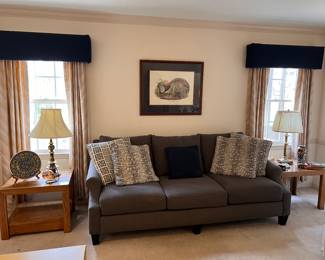 Sofa, side tables, lamps, misc