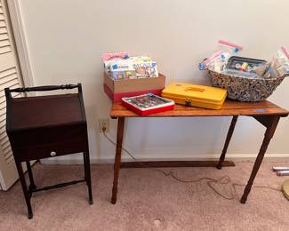 Sewing box, primitive folding table, thread, patterns, vintage buttons