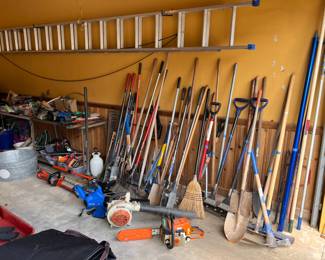 Yard tools, extension ladder, blowers, chain saw, misc 