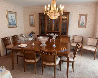 Mid century dining table, 10 chairs, 3 leaves and breakfront by Johnson Furniture, chandelier, silver plate candelabras, Duncan Miller punch bowl