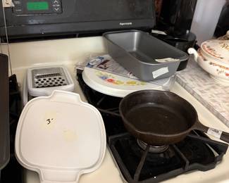 Kitchen - Iron  skillet, loaf pan, burner cover, lid, & more 