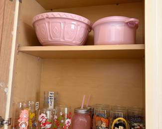 Kitchen - Large ceramic bowl - top shelf - small Microwave dish; Vintage Hardee's glasses and more