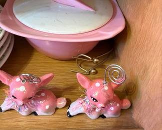 Dining Room Cabinet - Pink Covered Dish and Pink spotted Deer Set