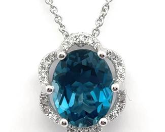 3.25 Carat Natural London Blue Topaz & Pavé Natural Diamond Lace Halo Necklace in 14k Gold