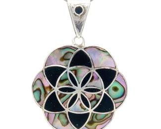 PERUVIAN Artisan Abalone & Black Onyx Inlaid Flower Drop Pendant