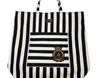 Gucci Black & White Striped Canvas Tote with Crest Patch