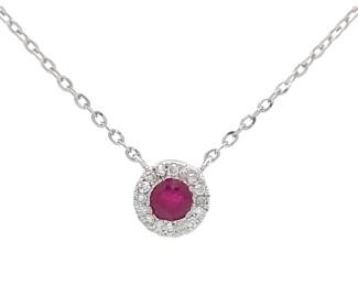Natural Ruby & Pavé Natural Diamond Round Halo Necklace in 14k Gold