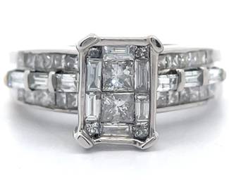 Art Deco 1 Carat Natural Diamond Mixed-Cut Channel Ring in 14k White Gold