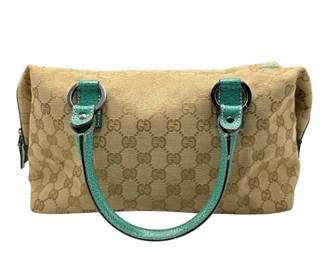 Gucci GG Canvas Boston Bag with Green Leather Trim