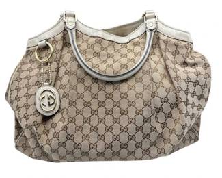Gucci GG Canvas Sukey Tote with White Leather Trim