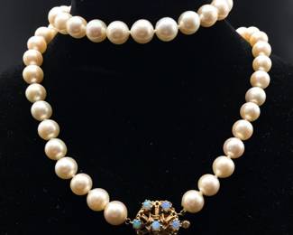 Single Strand White Akoya Pear Necklace Natural Opal Nautical Clasp in 14k Gold