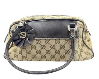 Gucci GG Canvas Handbag with Black Leather Trim & Floral Charm