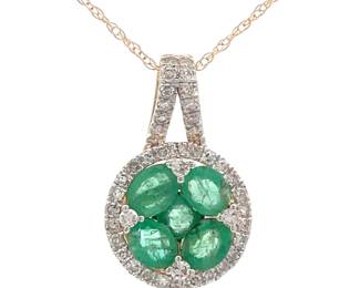 0.25 Carat Natural Emerald & Natural Diamond Cluster Pendant Necklace in 14k Gold