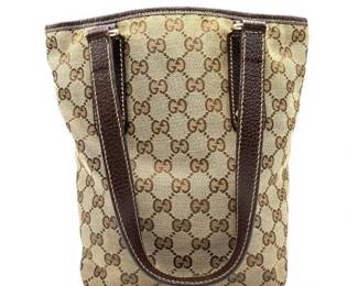 Gucci GG Canvas Small Tote Bag with Brown Leather Trim