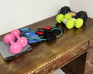 Assorted Dumbbells, Resistance Bands, and Workout Gloves