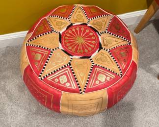 Handmade Red and Tan Moroccan Leather Pouf Ottoman with Gold Stenciling