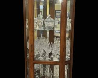 Vintage Oak Corner Curio Cabinet with Etched Glassware and Figurines