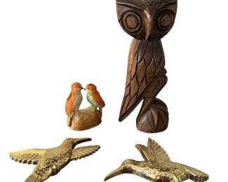 Vintage Lot Hand Carved Wood Owl Kissing Birds Ceramic Statue Japan and Homeco Plastic Hummingbirds