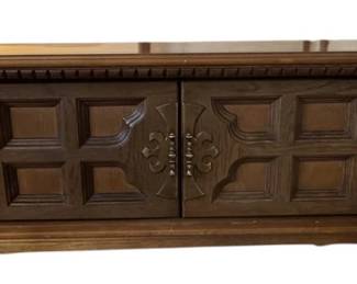 Vintage Mid Century Solid Oak Coffee Table with Sliding Doors