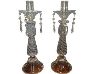 Beautiful PAIR of Vintage Glass with Hanging Crystals