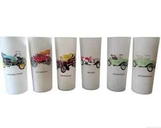 6 Antique Automobiles Frosted Glass Tumblers