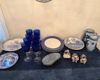 Misc. blue & white crystal & china
