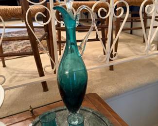 Mid Century teal glass decanter & liqueur glasses