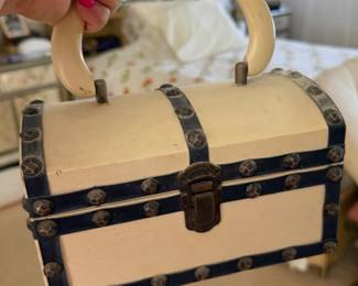 Vintage 1968 Royal London Ltd wood cream studded handbag purse trunk