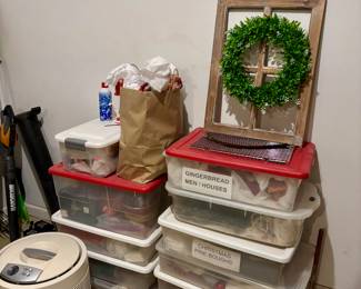 Boxes of Christmas items holiday items etc.