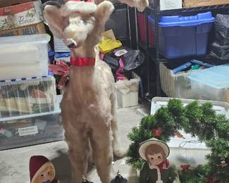 Unusual Christmas items - 4 foot plush deer, large outdoor wreath, ceramic carolers