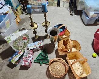 Many many many Christmas decorating items, baskets, large brass candlesticks, vases and flower containers