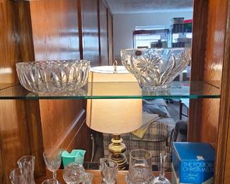 Cut glass crystal decanters, bowls, candelsticks, candy dishes, Fostoria and Crystal bells