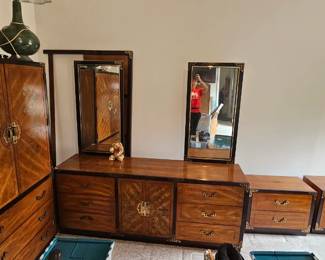 Japonisme bedroom suite - dresser and mirror, 2 nightstands, armoire and headboard for Full bed