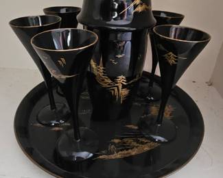 Mid century Japanese Lacquerware Cocktail Flutes and Shaker