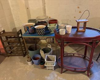 Garden items, wine rack, rattan bar