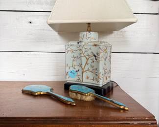 Floral Rectangular Porcelain Jar Table Lamp, Silver Brush & Mirror