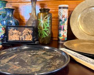 Diverse collection of East Asian-inspired decorative arts and vintage collectibles, Chinese Cork Carving, Japanese Lacquer Tray