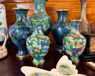 Cloisonné vases and a decorative ceramic dish